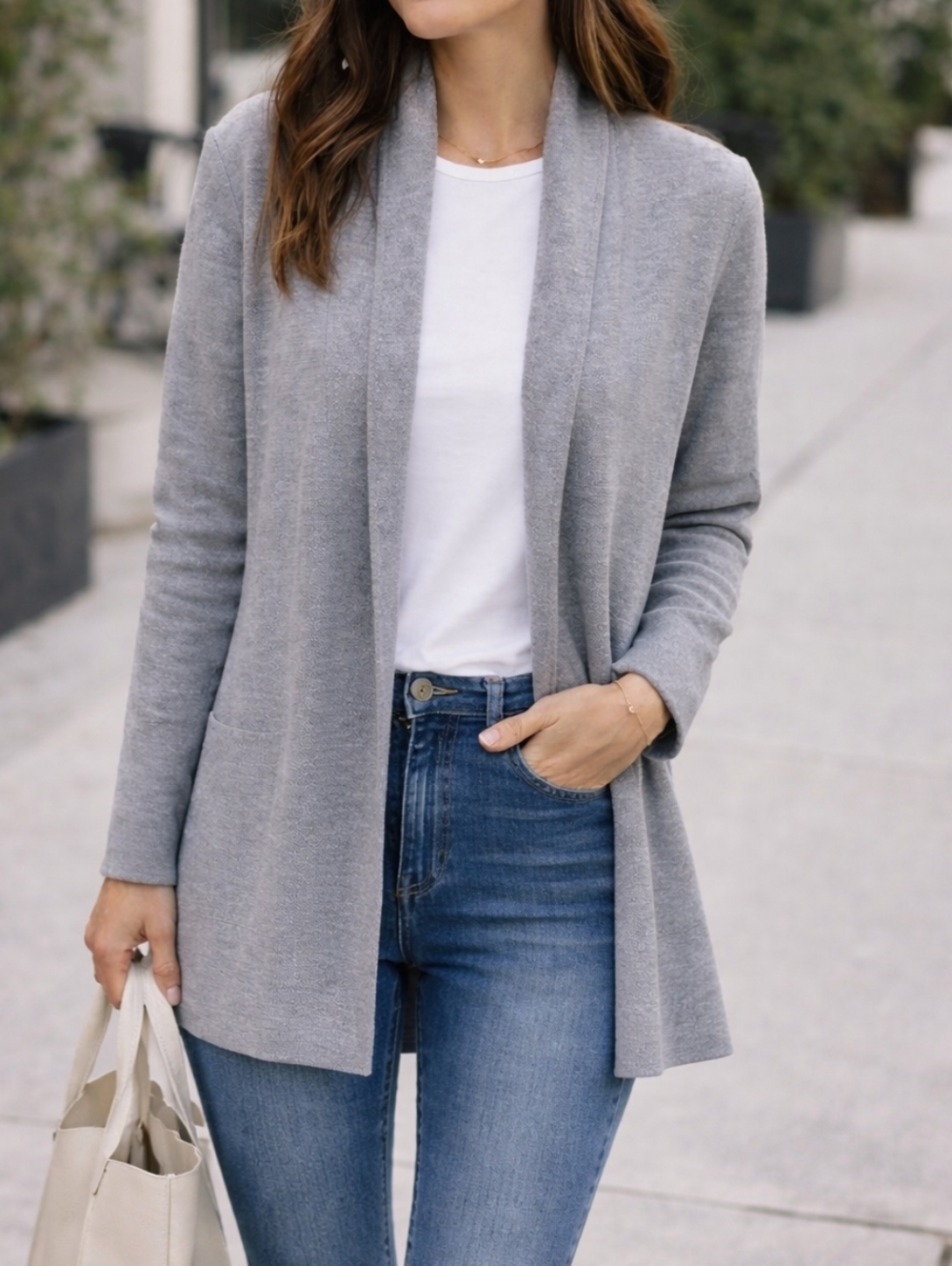 Talbots Gray Open Front Cardigan Cotton Rayon Knit Soft Lightweight Classic